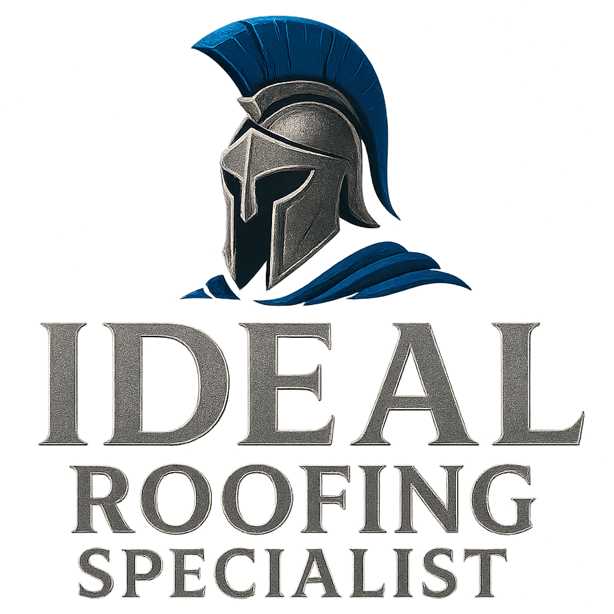 Illustrated logo of a Spartan helmet with a blue plume and cape above the words IDEAL ROOFING SPECIALIST in bold, metallic-textured letters.