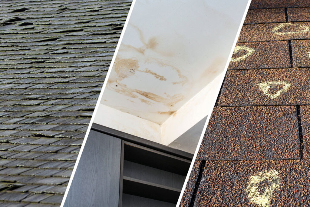 A collage showing wavy, uneven roof shingles; a ceiling with water stains and damage; and roof shingles marked with yellow chalk circles indicating hail damage.